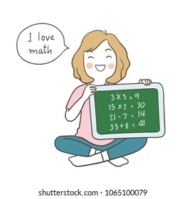 Vector illustration character design happy girl holding blackboard and say I love math.Isolated on white color.Draw doodle cartoon style.