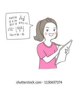 Vector illustration character design happy girl practice to do math so easy and write in paper.Draw doodle cartoon style.