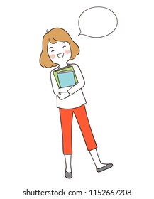 Vector illustration character design happy girl holding book with speech bubble.Isolated on white.Draw doodle cartoon style.