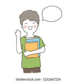 Vector illustration character design happy boy holding book with speech bubble.Isolated on white.Draw doodle cartoon style.