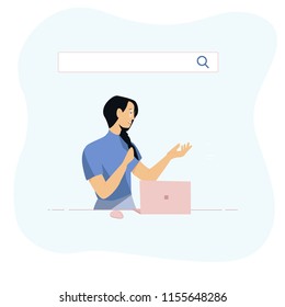 Vector illustration character design happy girl can search for education on her laptop.Can help you find anything.flat design style vector graphic 
