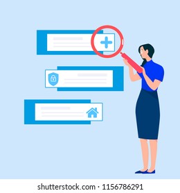 Vector illustration character design happy girl can search with magnifying glass. Icon medicine, house, security.Can help you find anything.flat design style vector graphic