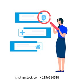 Vector illustration character design happy girl can search with magnifying glass. Icon medicine, house, security.Can help you find anything.flat design style vector graphic