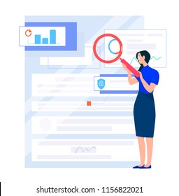 Vector illustration character design happy girl can search with magnifying glass. Can help you find anything.woman standing near near the document with charts and graphs, diagrams, security 