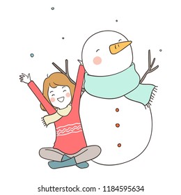 Vector illustration character design happy girl sitting with snowman in winter.Isolated on white color.Draw doodle cartoon style.