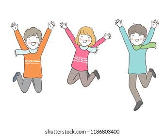 Vector illustration character design happy girl and boy jumping in winter.Isolated on white color.Draw doodle cartoon style.