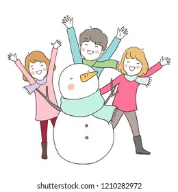 Vector illustration character design happy girl and boy playing so funny with snowman in winter.Isolated on white color.Draw doodle cartoon style.