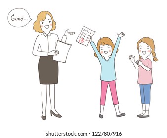 Vector illustration character design happy teacher holding paper say good and student clapping.Isolated on white.Draw doodle cartoon style.