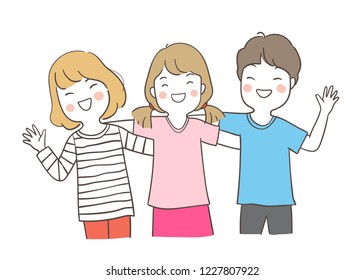Vector illustration character design happy children girl and boy hugging. Friendship concept.Isolated on white.Draw doodle cartoon style.