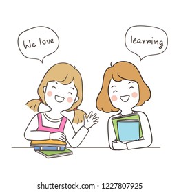 Vector illustration character design happy girl sitting holding book and saying we love learning.Isolated on white.Draw doodle cartoon style.