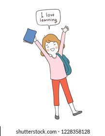 Vector illustration character design happy girl holding book  and saying I love learning.Isolated on white.Draw doodle cartoon style.