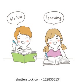 Vector illustration character design happy student girl and boy sitting and write on book saying we love learning.Isolated on white.Draw doodle cartoon style.
