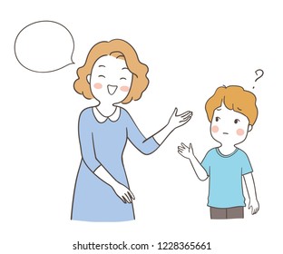 Vector illustration character design happy mother talking to her son.Isolated on white.Draw doodle cartoon style.