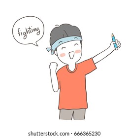 Dibujo vectorial diseño de personaje niño feliz luchando para el examen y la burbuja del habla.