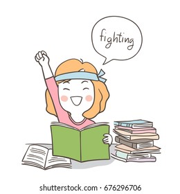 Vector illustration character design happy girl fighting to reading for the exam and speech bubble.
