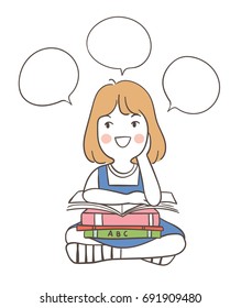 Vector illustration character design happy girl reading and think something.