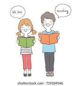 Vector illustration character design happy girl and boy hold a book love to reading,speech bubble for school.Doodle cartoon style.