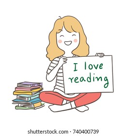 Vector illustration character design a happy girl sitting and hold board write I love reading with many books for school.Doodle cartoon style.