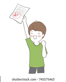 Vector illustration character design happy boy holding the best result test.Doodle cartoon style.