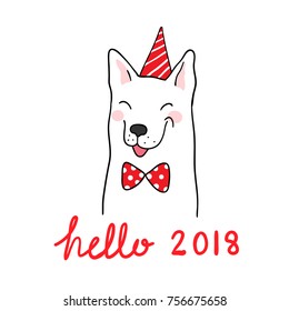 Vector illustration Character design of happy dog and red word hello 2018.Doodle cartoon style.
