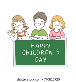 Vector illustration character design happy boy and girl standing behind blackboard happy children day.Doodle cartoon style.