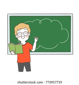 Vector illustration character design happy student standing front blackboard Blank space for text.Doodle cartoon style.