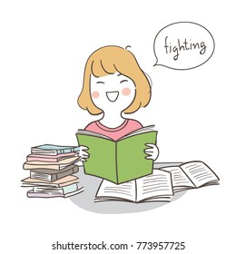 Vector illustration character design happy girl reading for the exam and word fighting in speech bubble.Draw doodle cartoon style.
