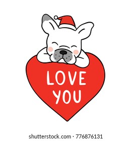 Vector illustration character design of happy french bulldog standing behind red heart write love you.Doodle cartoon style.