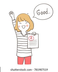 Vector illustration character design happy girl holding the best result test Doodle cartoon style.