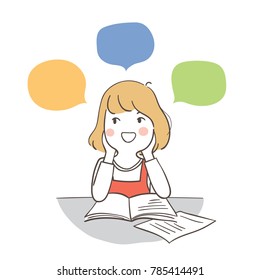 Vector illustration character design happy girl reading and thinking with color speech bubble for school.Draw doodle cartoon style.