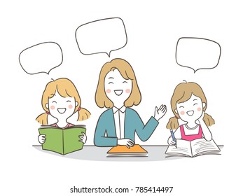Vector illustration character design happy students and teacher speaking speech bubble for school.Draw doodle cartoon style.