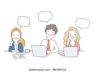 Vector illustration character design happy business team woman man working with speech bubble.Draw doodle cartoon style.