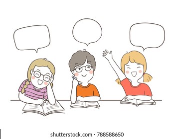 Vector illustration character design happy students speaking and speech bubble for school.Draw doodle cartoon style.