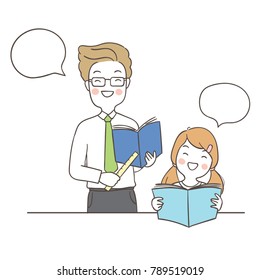 Vector illustration character design happy girl reading book and teacher teaching for school.Draw doodle cartoon style.