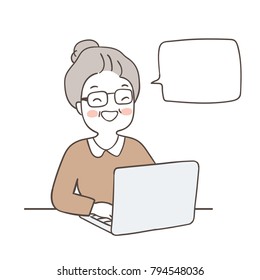 Vector illustration character design happy elderly woman searching on her laptop.Draw doodle cartoon style.