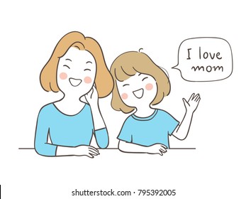 Vector Illustration Character Design Happy Girl Saying I Love Mom Decorate For Mother'day.Draw Doodle Style.