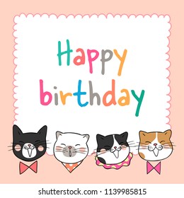Vector illustration character design head of cute cat on sweet pastel for birthday card.Doodle cartoon style.