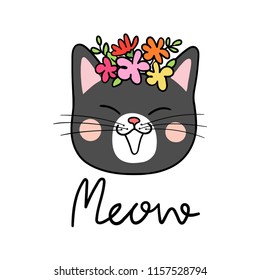 Vector illustration character design head black cat and beauty flower on head.Isolated on white.Doodle cartoon style.