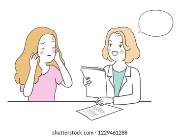 Vector illustration character design healthcare concept young woman headache to see doctor.Isolated on white.Draw doodle cartoon style.