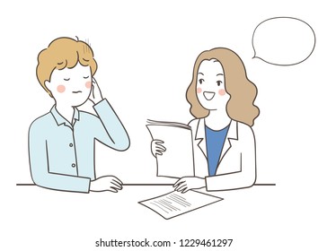 Vector illustration character design healthcare concept young businessman headache to see doctor.Isolated on white.Draw doodle cartoon style.