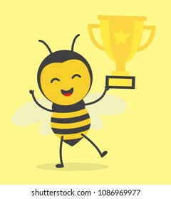 vector illustration character design honey yellow bee mascot with hold golden trophy winner in yellow background