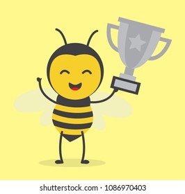 vector illustration character design honey yellow bee mascot with hold silver trophy winner in yellow background
