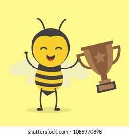 vector illustration character design honey yellow bee mascot with hold bronze trophy winner in yellow background