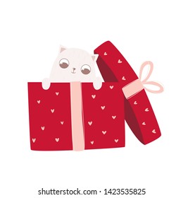 Vector illustration character design. Loving cat fall in love. A gift box with heart for Valentine's Day.