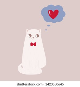 Vector illustration character design. Loving cat fall in love. The kitten thinks about his soulmate. Postcard for Valentine's Day.