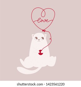 Vector illustration character design. Loving cat fall in love. The kitten thinks about his soulmate ans holds a heart of yarn. Postcard for Valentine's Day.
