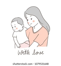 Vector illustration character design mother carry baby with love.Isolated on white color.Draw doodle cartoon style.