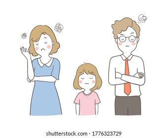 Vector illustration character design mother and father are angry.A girl so sad.Family quarrel.Doodle cartoon style.