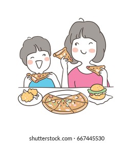Vector illustration character design mother and a boy enjoy eating.Doodle style.