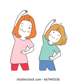 Vector illustration character design mother and daughter happy to exercise.Doodle style.